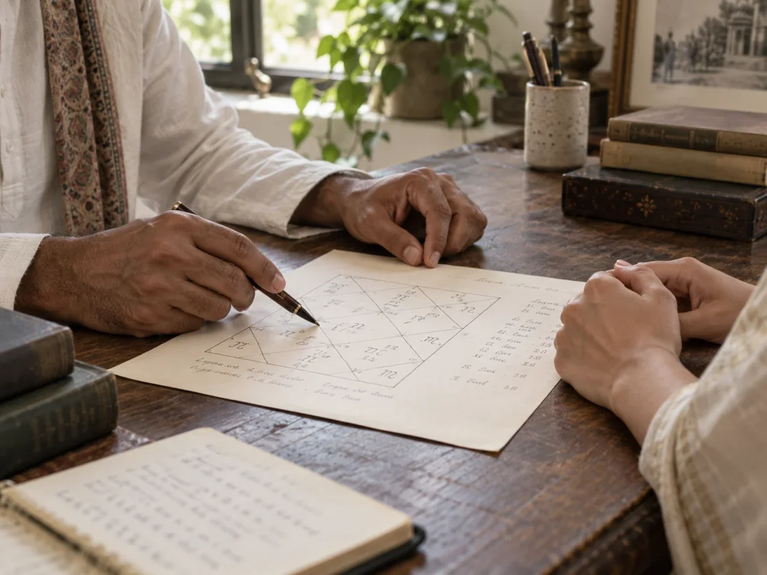 Vedic birth-chart consultation in a traditional Indian setting