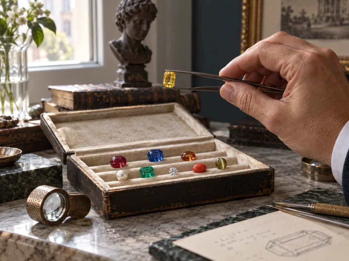 Selecting a yellow sapphire with tweezers above a tray of varied precious gemstones