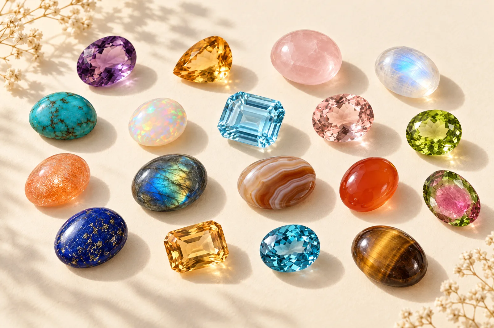 All eighteen semi-precious stones, from amethyst and aquamarine to lapis lazuli and tiger&rsquo;s eye, on ivory paper